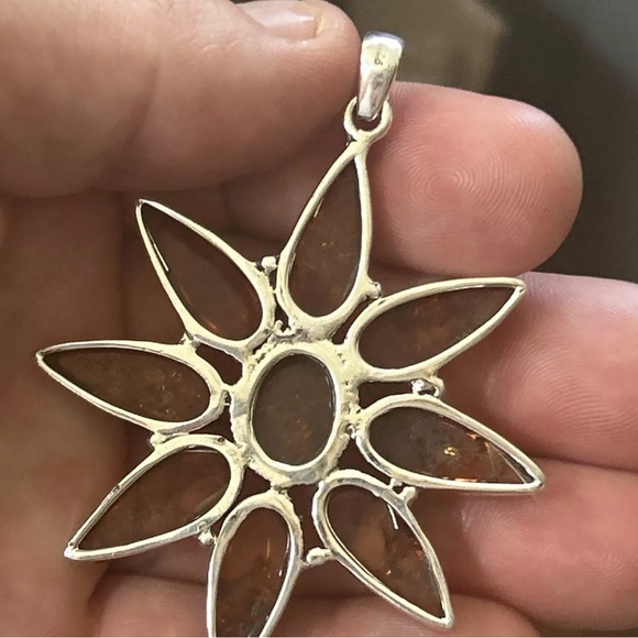 STERLING SILVER NATIVE AMERICAN SW HUGE AMBER CLUSTER FLOWER PENDANT .925 - Picture 7 of 7